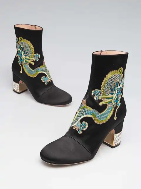 Gucci Black Satin Candy Embroidered Dragon Ankle Boots Size 4.5/35