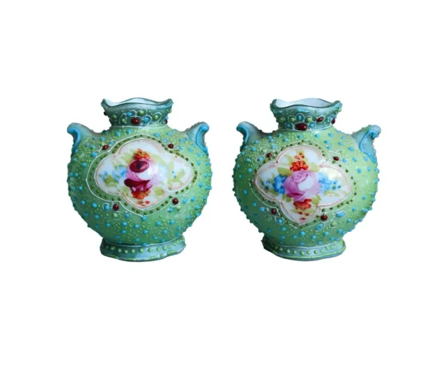 Pair Of Art Nouveau Vases Japanese Moriage Nippon porcelain Hand Painted Flowers
