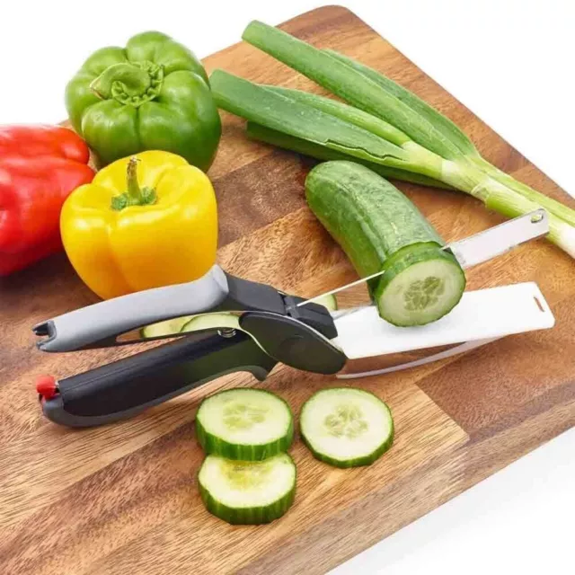 2 In 1 Forbici Coltello Con Tagliere Da Cucina Affetta Taglia Verdure Frutta