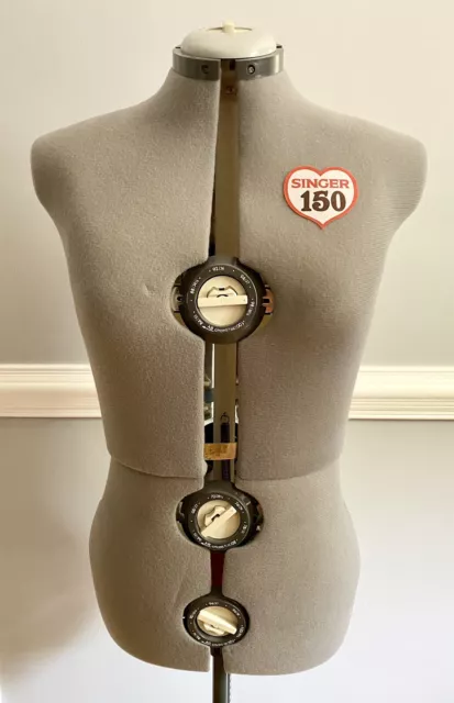 Singer Model 150 Dial Adjustment Seamstress Mannequin Dress Form Grey with Stand