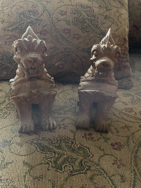 a pair of hand carved wooden temple chinese lions dragons figures