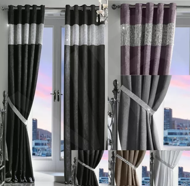 Diamante Thermal Blackout Pair Curtains Ready Made Eyelet Ring Top Fully Lined 2