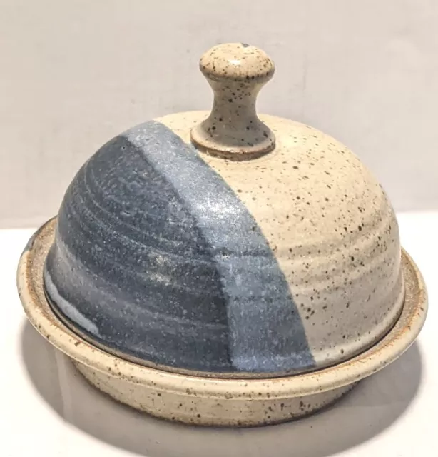 VTG Art Pottery Stoneware Covered Cheese Butter Dish Dome Cloche blue cream