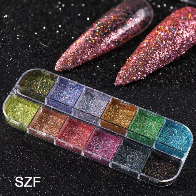 Holographic Nail Glitter Chunky 3D Chameleon Mermaid Dust 12 Colour Metallic Mix