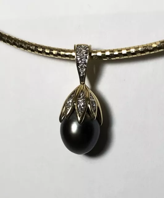 Black Tahitian Pearl 10x12 mm, Pendant and Diamond Accents, 14k Yellow Gold