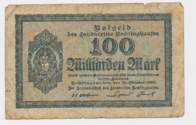 RECKLINGHAUSEN 100 Milliarden Mark 25. Oktober 1923 Notgeld aus Westfalen   (327