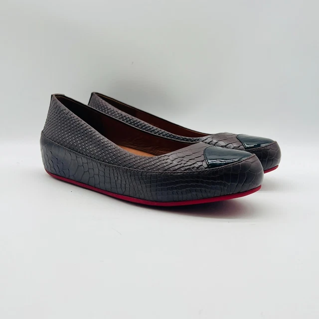 Fitflop Flats Womens 9 EU 41 Brown Black Leather Cap Toe Ballet Snake Print Shoe