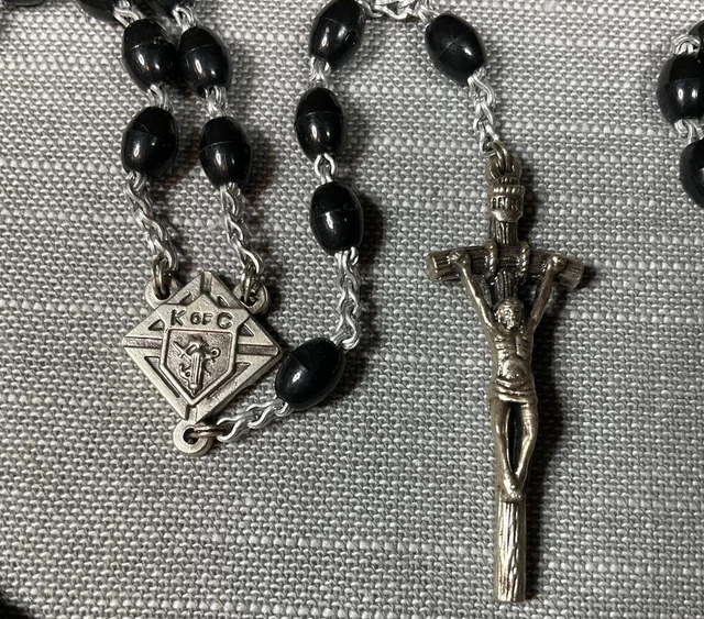 Vintage Rosary Knights Of Columbus KofC Black Beads Christian H76