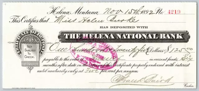 Helena Montana First National Bank 1892 Certificate of Deposit / Check