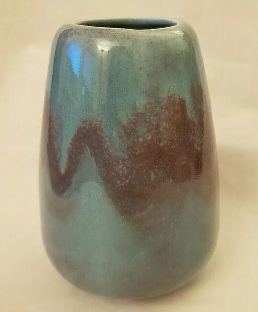 Vtg MCM Small California Art Pottery Vase Signed 4.75" Turquoise/Brown Shades