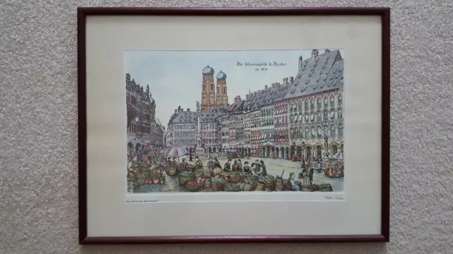 Radierung | Der Schrannenplatz In München Um 1835 | Orig.,Aquarelliert (3/100)