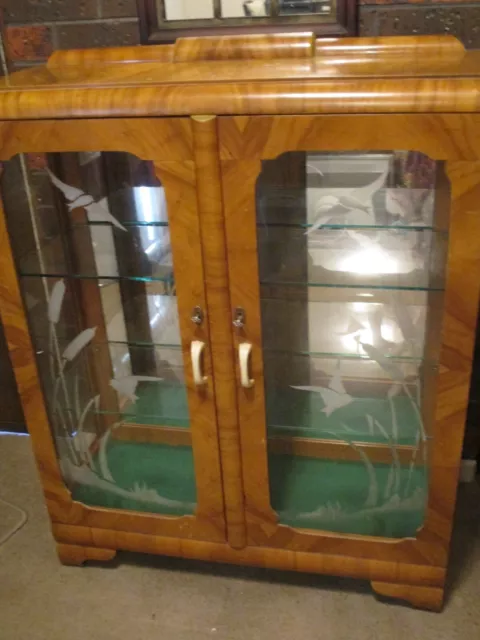 Vintage Art Deco Cabinet with etched glass doors and glass shelves - light wood