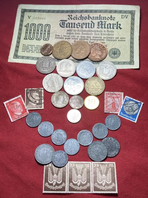 WW2 German Empire Nazi Reich Europe Coin Stamp Bank note Lot Set 1,10 Pfennig