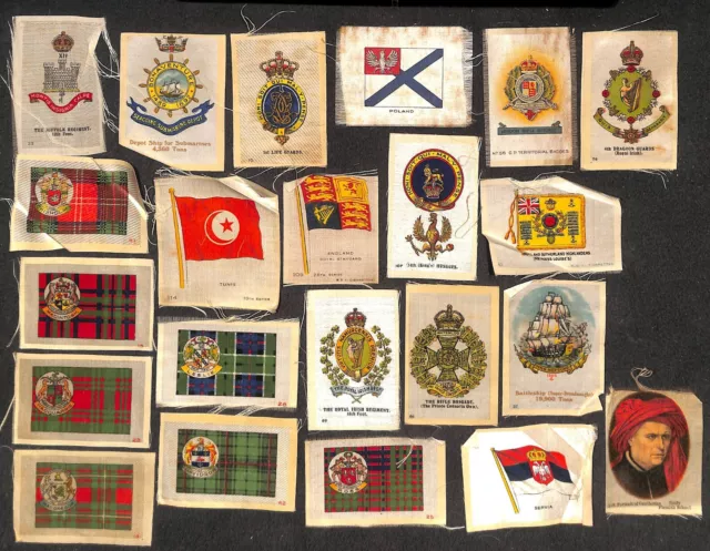 Lot of 22 obsolete silk badges various topics flags, national emblems, military