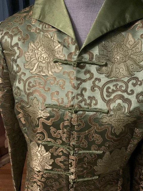 EUC Vintage FULLY LINED Chinese GREEN  SILK Brocade FROG  JACKET XL