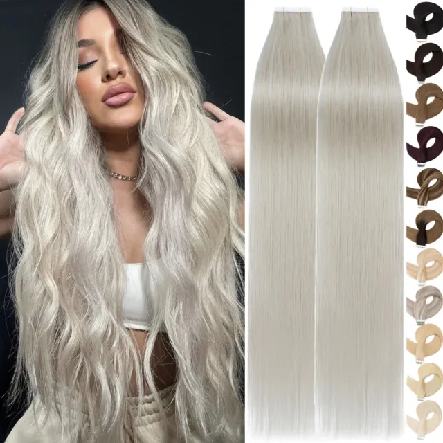 THICK Russian Tape In Human Hair Extensions Real Remy Skin Weft FULL HEAD WHITE#