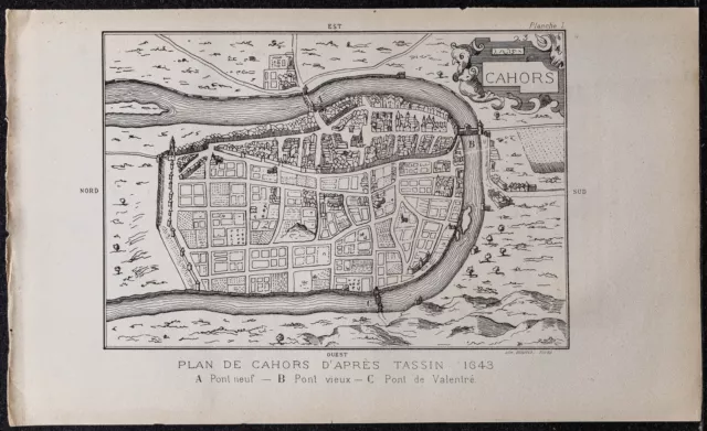 1878 - Plan ancien de Cahors d'après Tassin (1643) - Gravure ancienne