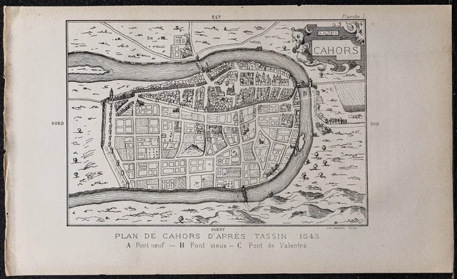 1878 - Plan ancien de Cahors d'après Tassin (1643) - Gravure ancienne