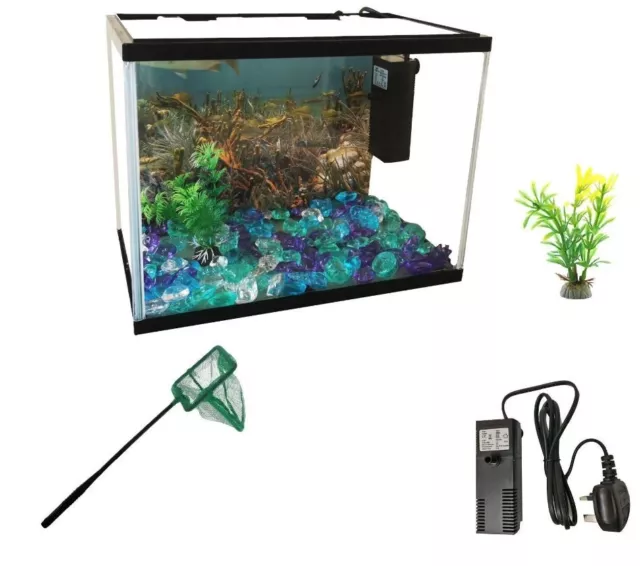 Fish Tank LED Glass Aquarium Starter Kit Fish Net Led Light Air Pump Filter 12L