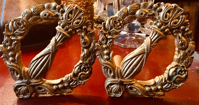 Antique Italian or French?? Gilt Wood Hand Carved Floral Curtain Tie Back Pair