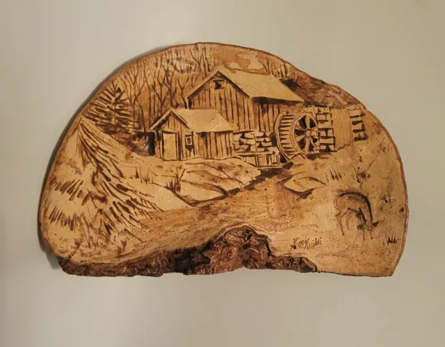 Gino Guidici Tree Conk Burned Wood Carving Wall Art Rustic Mill Deer Forest