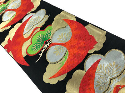 6372861: Japanese Kimono / Antique Fukuro Obi / Woven Cloud With Pine & Crane