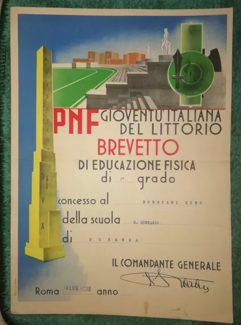 Zz711-Pnf.giuoventu' Italiana Del Littorio Brevetto Educazione Fisica  2° Grado