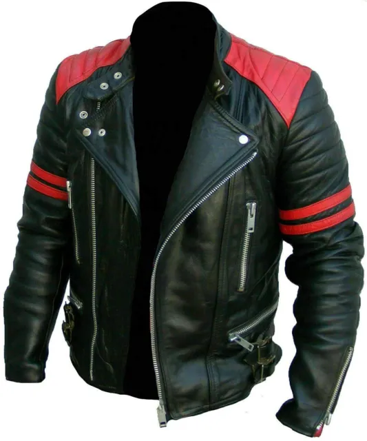 Classic Design Brando Red & Black Men's Motorcycle Biker Genuine Leather Jacket