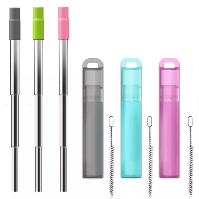 Telescopic Folding Stainless Steel Metal Straws Set With Case Cleaning Brush