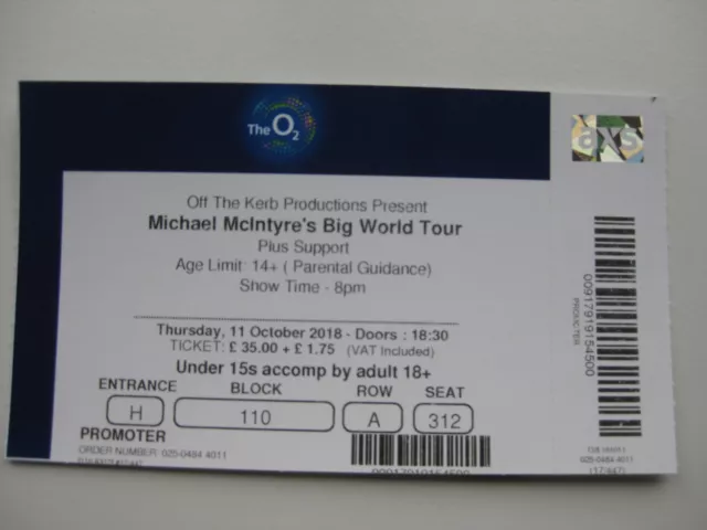 Michael Mcintyre  O2 London  11/10/2018  Ticket