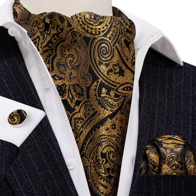Black Gold Floral Silk Mens Ascot Tie Hanky Cuffs Vintage Paisley Cravat Scarf