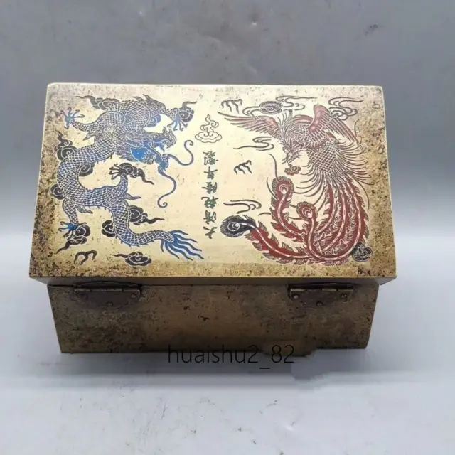 Old Chinese Antique brass jewelry box Dragon and Phoenix pattern box