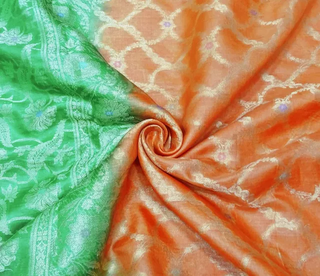 Jahrgang Orange Und Grün Saree Pure Seide Stoff Gewebte Kleid Sari PSSI1140