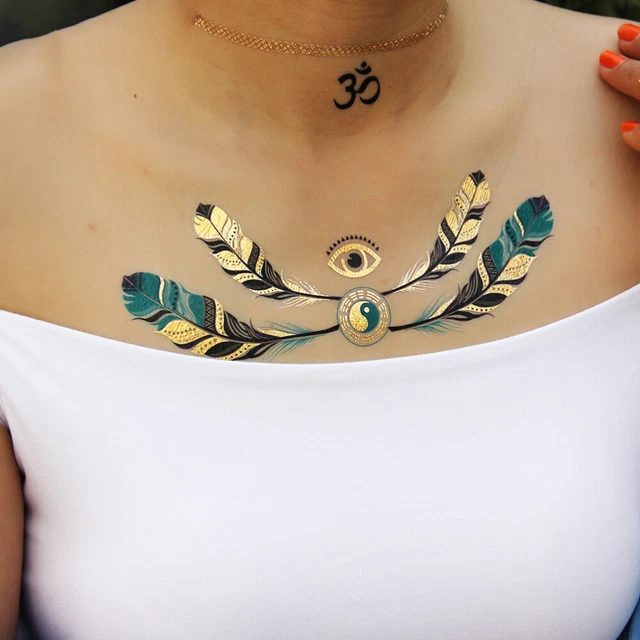 Temporäre Tattoo-Aufkleber Pfauenfedern-Muster – Wasserfest, Set Mit 2 Stück, Einfach Anzuwenden