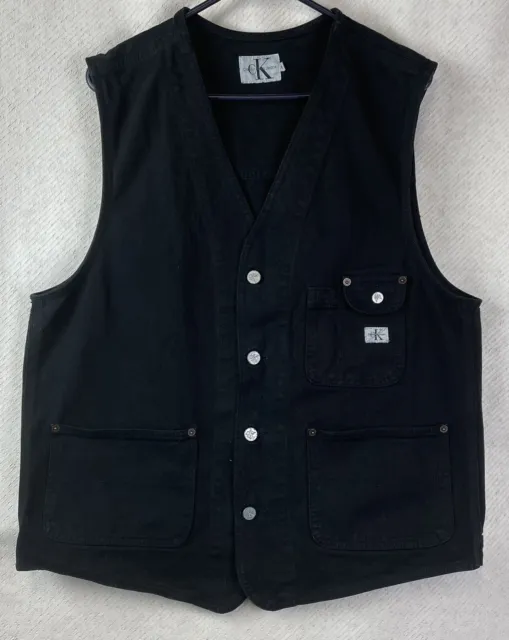 Vintage Calvin Klein CK Gilet Utility Black Denim Vest Mens XL Made In USA