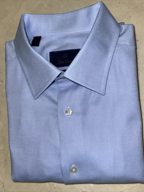 David Donahue Mens Blue Cotton Micro Dobby Trim Fit Dress Shirt 17/30 $155