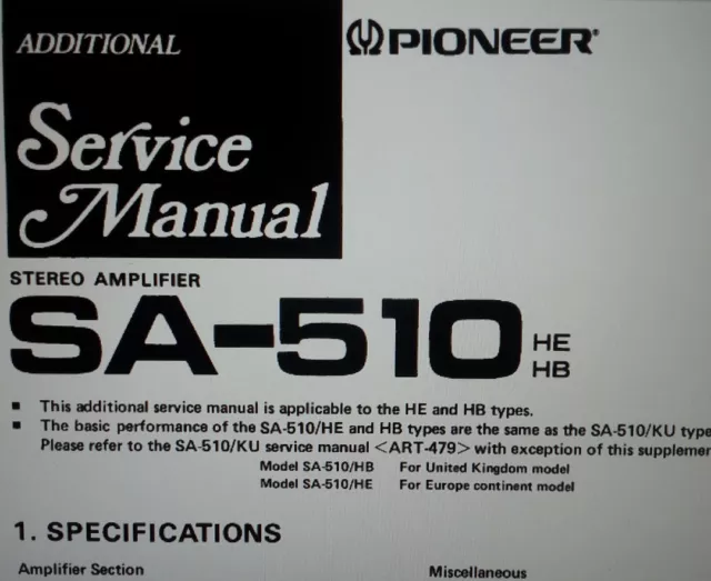 service manual amplificatore SA-510 hifi stereo pioneer carta formato a4