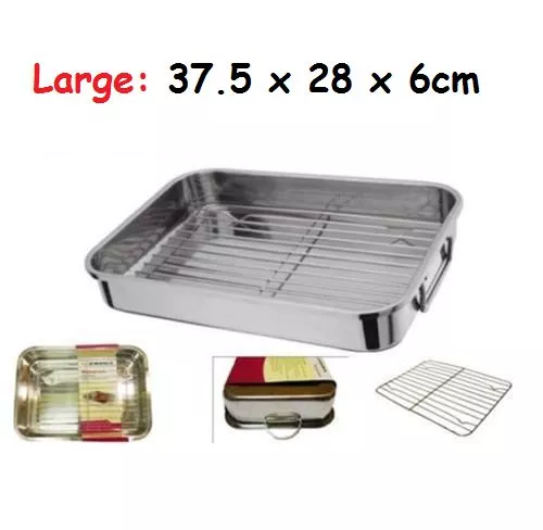 Roasting Tins 4Pc Stainless Steel Trays Oven Pan Dish Baking Roaster Tray Grill