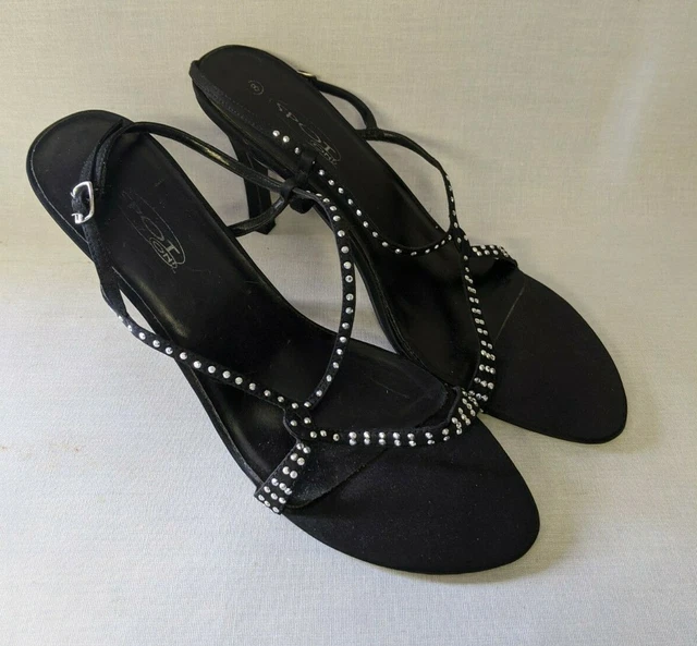 Spot On Ladies Womens UK Size 8 Black Diamante Heel Heeled Strap Strappy Sandals