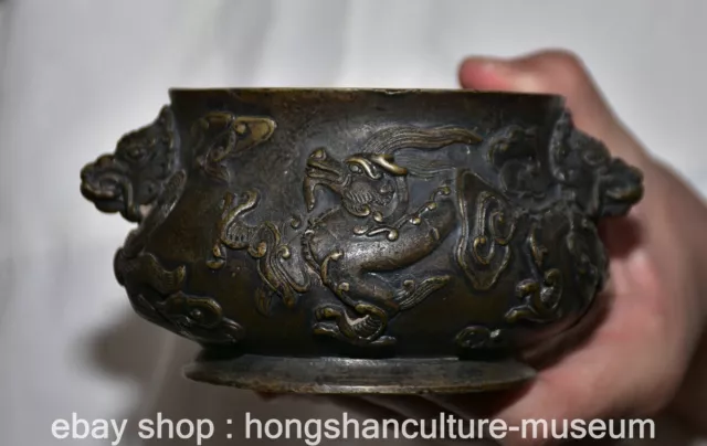5.6" Xuande Marked Old Chinese Bronze Dynasty Dragon incense burner Censer Pot