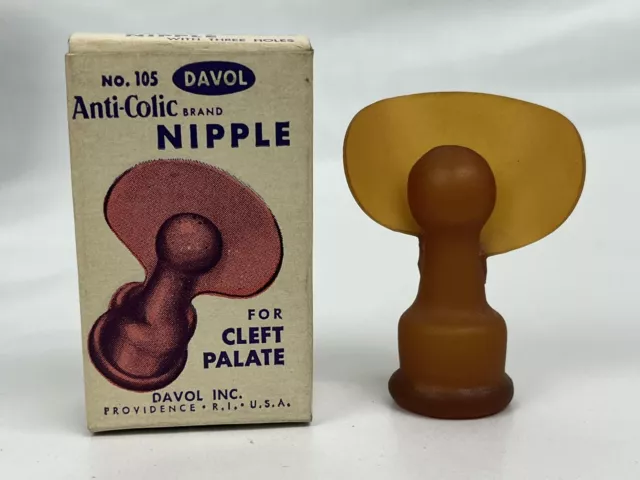 Vintage Davol CLEFT PALATE Rubber Brown Nipple RARE 105 Anti Colic Brand RI USA