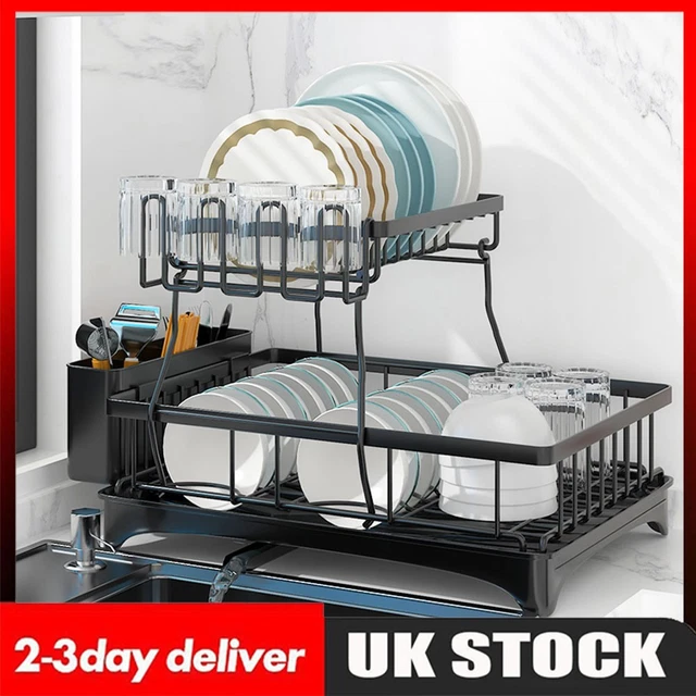 2 TIER DISH Drainer Rack with Drip Tray Cutlery Holder Plate Rack ...