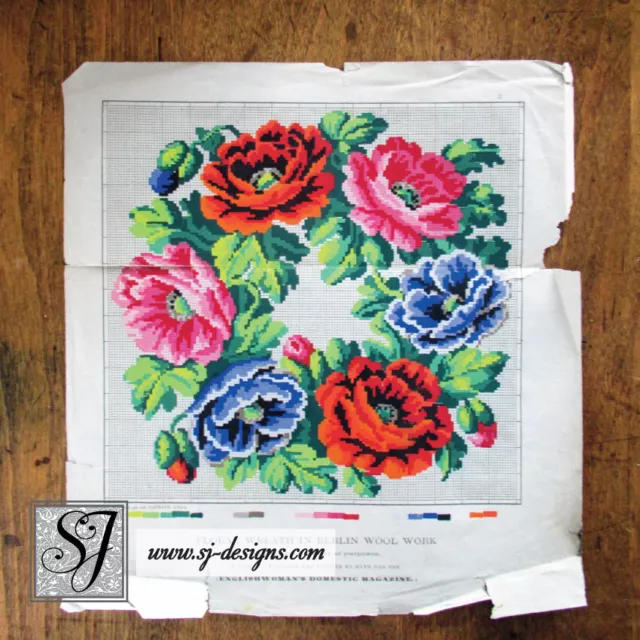 19th century hand painted Berlin Work needlepoint pattern for a poppy wreath