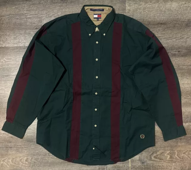 Vintage Tommy Hilfiger Shirt Mens Sz XL 90s Crest Logo Green w/ Red Stripes