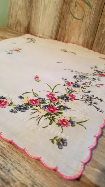 Vintage  Pink Blue Floral Hankie Pink Scalloped Edge Handkerchief 11.5"