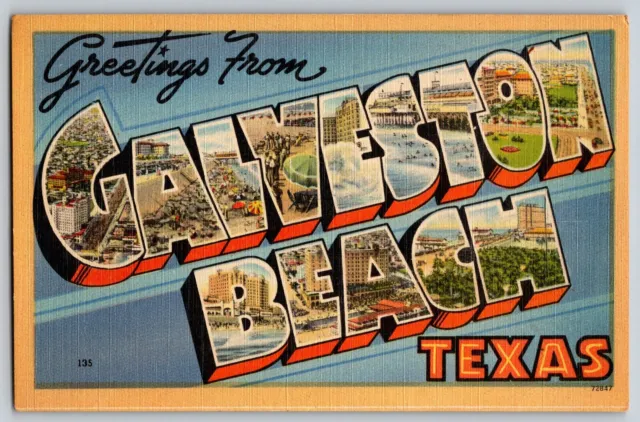 Galveston Beach, Texas TX - Large Letter - Greetings - Vintage Postcard