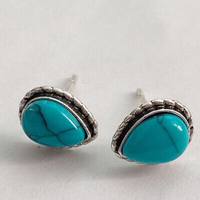 Bohemia Blue Turquoise Stud Earrings Vintage Silver Women Jewelry Girls Gift