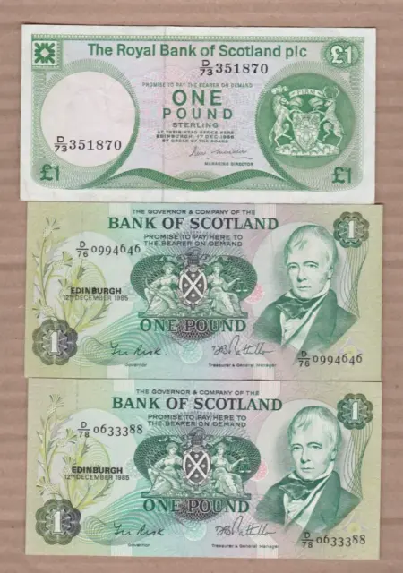 Three Scotland £1 Notes 1985 & 1986 In Near Extremely Fine To Mint Condition.