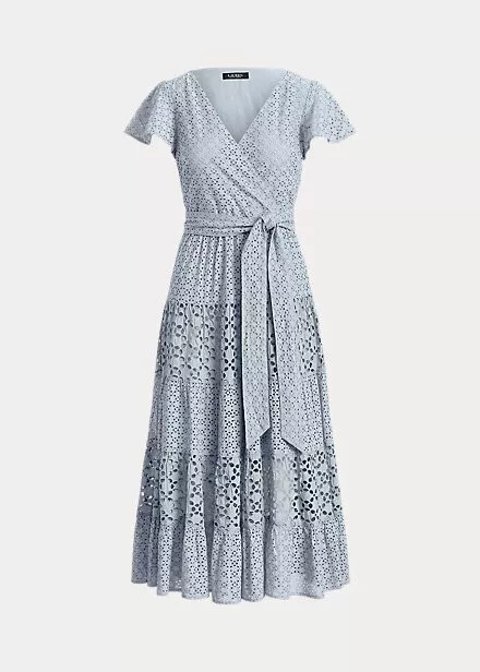 LAUREN Ralph Lauren Cotton Eyelet Blue Midi Dress L138407 Size 2 3