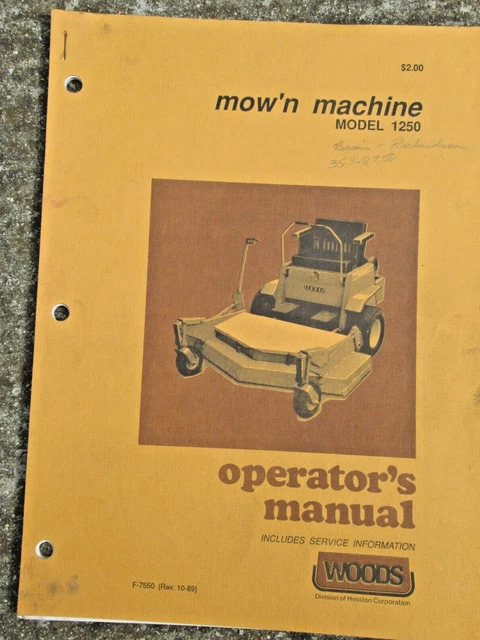 1989 Woods Mow'n Machine Model 1250 Operator's Manual & Parts Info F-7550 PB